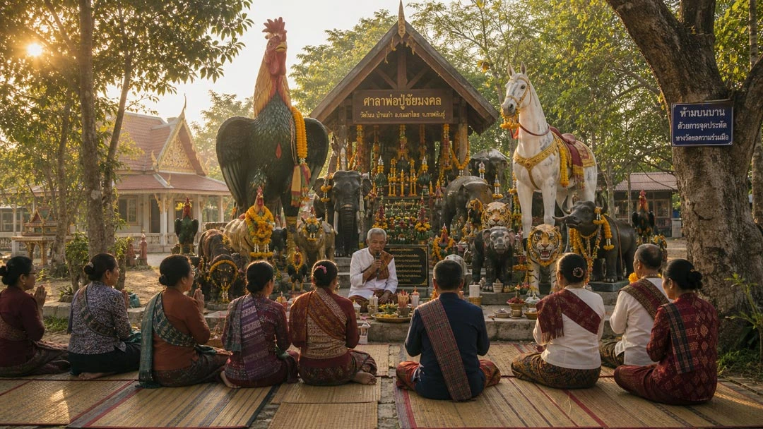 เลขเด็ดพิธีบุญชำฮะ วัดโนนบ้านเก่า กาฬสินธุ์ บรรยากาศชาวบ้านแต่งชุดพื้นบ้านอีสานนั่งขอพรท่ามกลางรูปปั้นสัตว์มงคล
