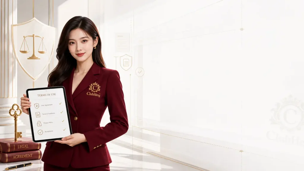 ภาพแบนเนอร์หน้า ข้อกำหนดการใช้งาน ของ ClubHeng พร้อมนางแบบลุคพรีเมียมและองค์ประกอบเอกสารดิจิทัล