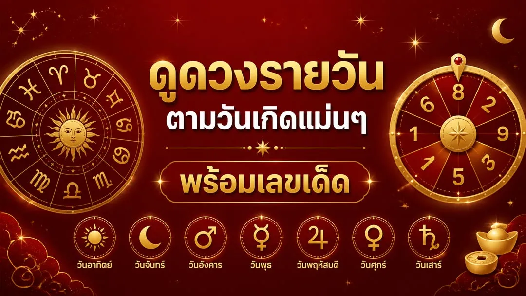 ภาพปกดูดวงรายวันตามวันเกิดแม่นๆ พร้อมเลขเด็ด โทนสีแดงทอง มีจักรราศี วงล้อดูดวง และตัวเลขนำโชคล้อมรอบ