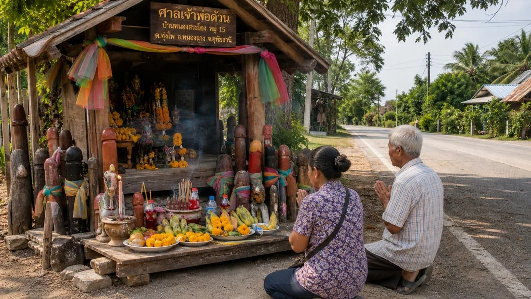ชาวบ้านกราบไหว้ศาลเจ้าพ่อ ค.ถอก ขอพรเลขเด็ด 3 ตัว งวด 16 พฤษภาคม 2569 บ้านน้ำตก อุทัยธานี