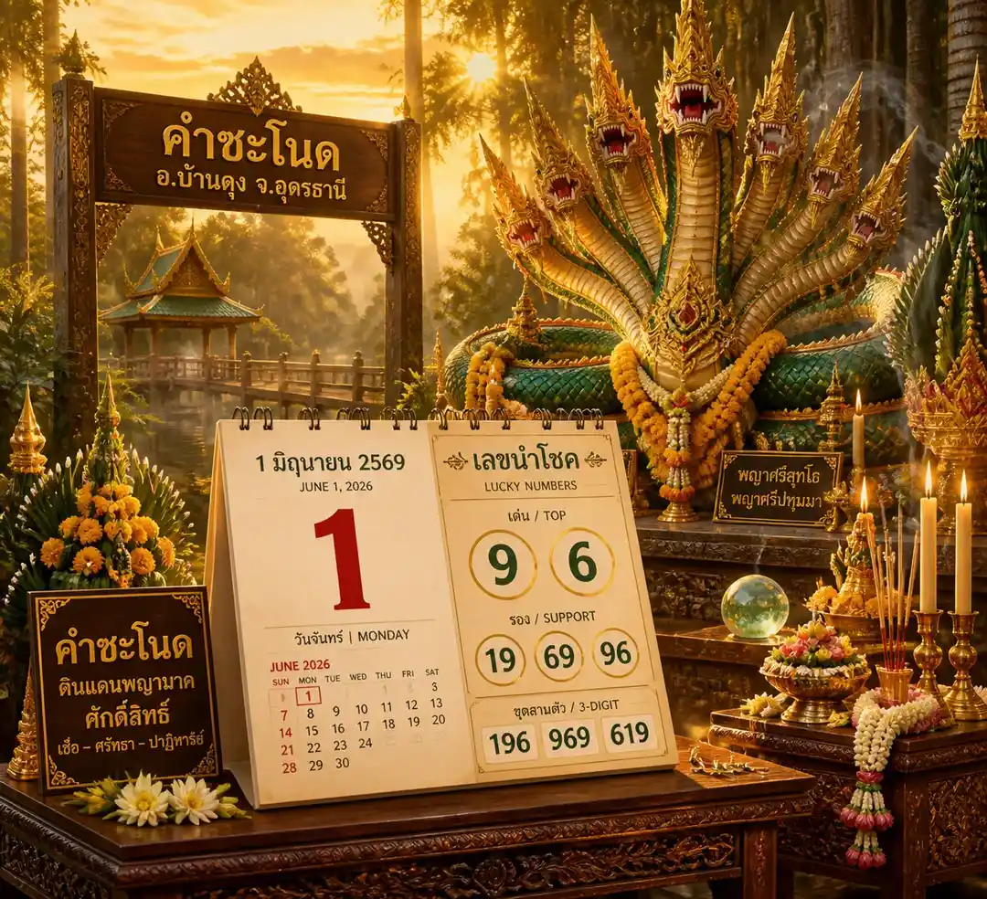 ภาพศาลพญานาคคำชะโนดกับปฏิทินหวยวันที่ 1 มิถุนายน 2569 ไฮไลต์เลขเด็ดจากปฏิทินคำชะโนด แนวทางเลขเด็ดปฏิทินคำชะโนด งวด 1 มิถุนายน 2569 แนวทางเลขท้าย 2 ตัว 3 ตัว