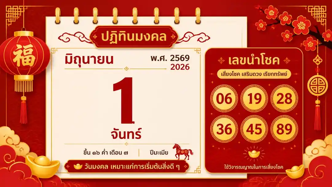 เลขเด็ดหวยปฏิทินจีน งวด 1 มิถุนายน 2569 บนปฏิทินจีนสไตล์แฟลตสีแดงทอง