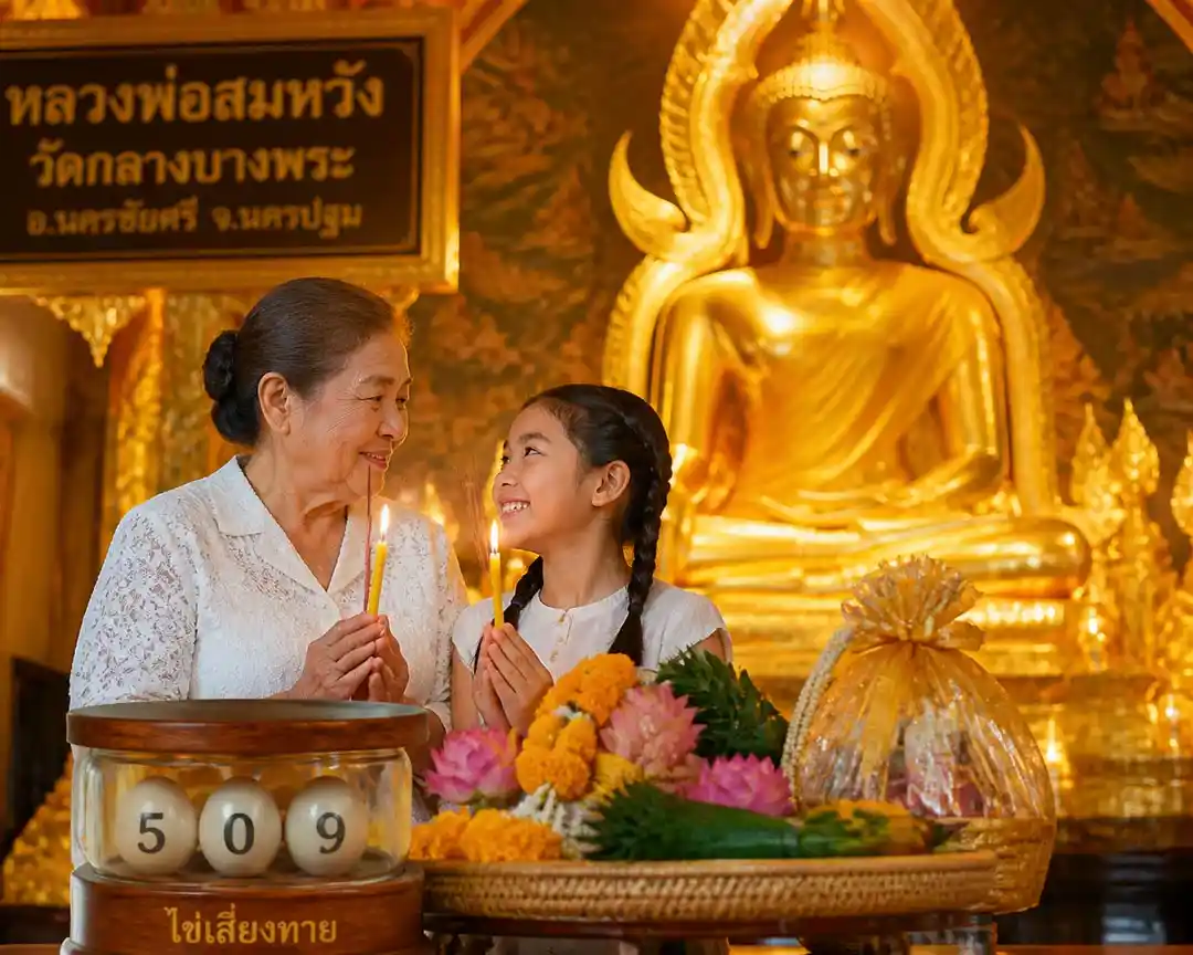 หญิงไทยพร้อมหลานสาวแก้บนหลวงพ่อสมหวัง วัดกลางบางพระ ถือธูปเทียนและถาดของไหว้ หน้าพระพุทธรูป พร้อมไหไข่เลขเด็ด 5 0 9 สำหรับเลขเด็ดหลวงพ่อสมหวัง งวด 1 มิถุนายน 2569