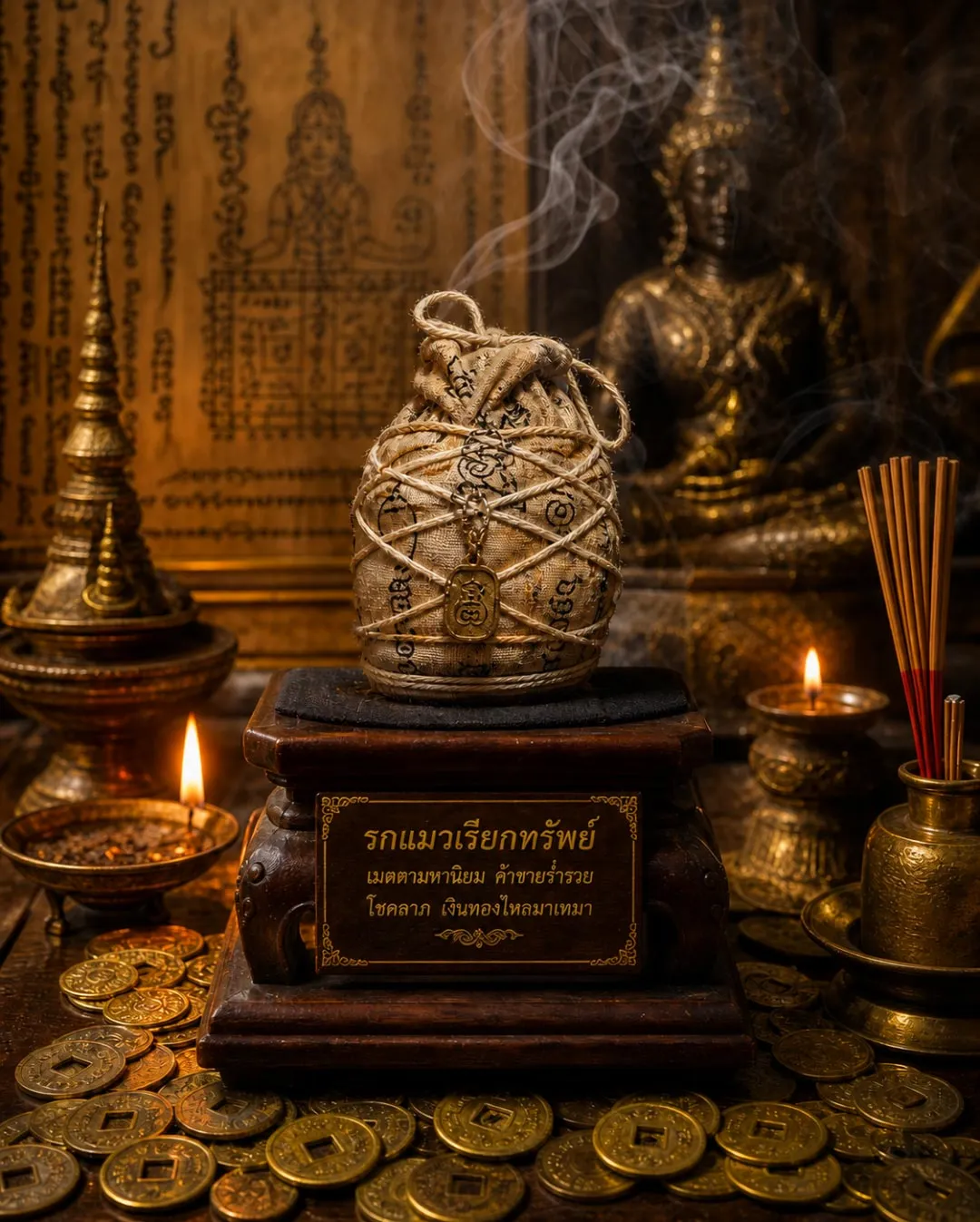 รกแมวเรียกทรัพย์ เครื่องรางสายมูบนหิ้งบูชาพร้อมธูปและเหรียญทอง