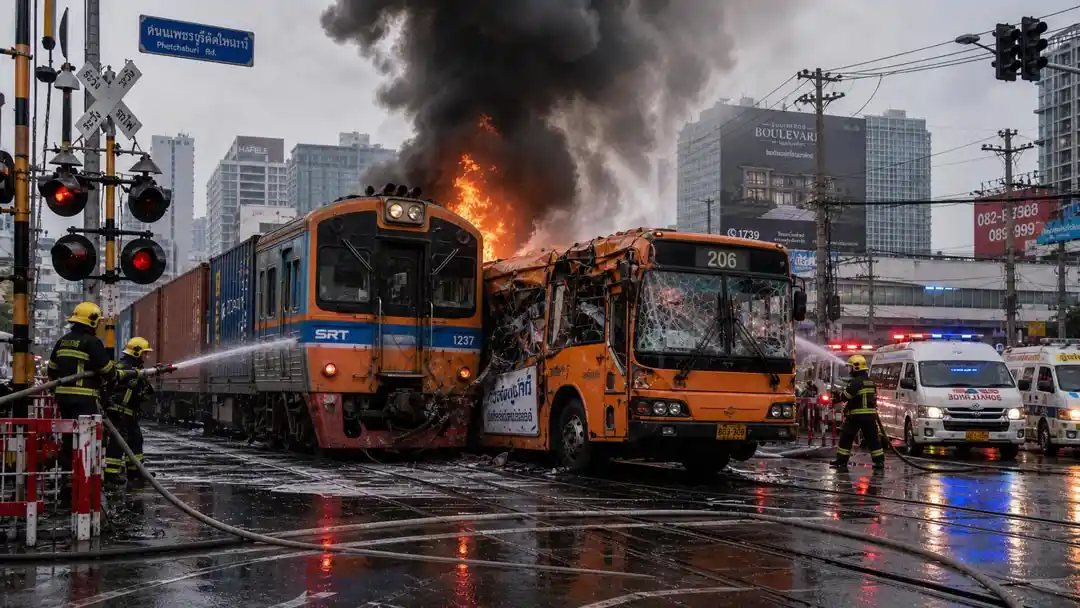 ภาพรถไฟตู้คอนเทนเนอร์ชนรถเมล์สาย 206 แยกมักกะสัน ไฟลุกไหม้กลางสี่แยกในกรุงเทพฯ ใช้ประกอบข่าวรถไฟชนรถเมล์สาย 206 แยกมักกะสัน เสียชีวิต 8 ศพ