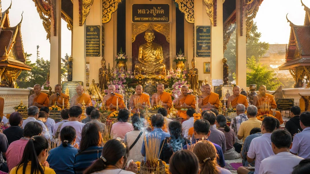 พิธีบวงสรวงหลวงพ่อพัฒน์ วัดธารทหาร สาธุชนร่วมไหว้พระและธูปมงคล