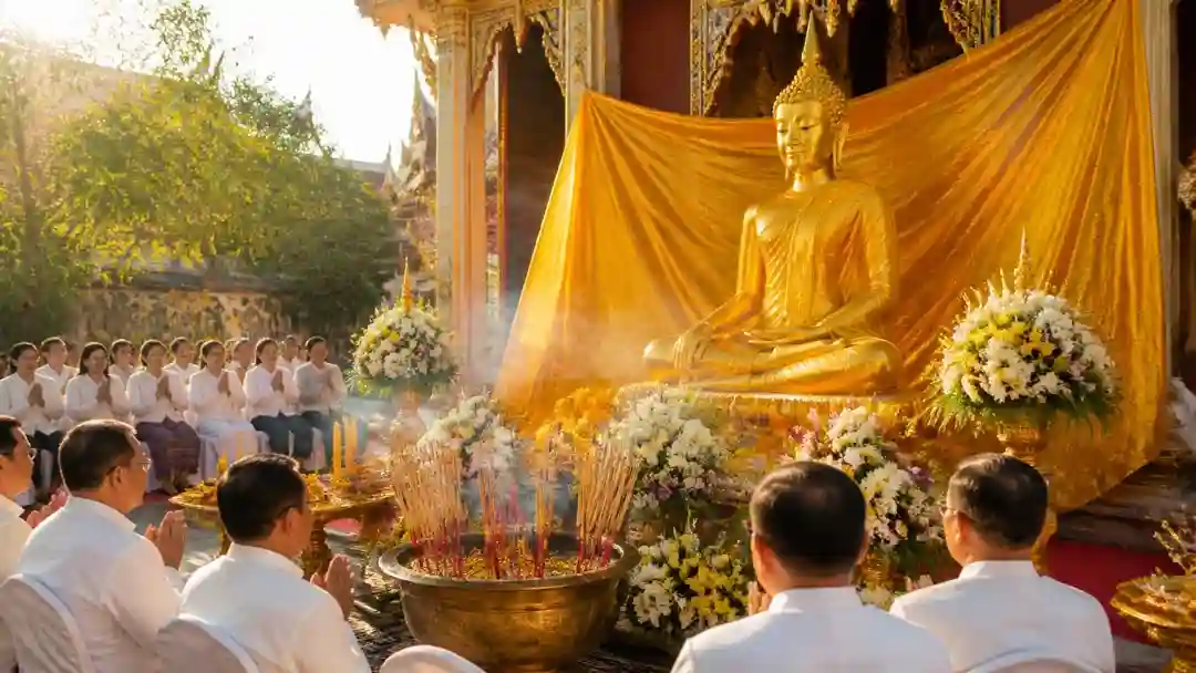 บรรยากาศพิธีห่มผ้าพระพุทธมหาบูรพา ที่วัดโคกอู่ทอง จังหวัดปราจีนบุรี ยามเช้า ผู้คนพนมมือหน้าองค์พระขนาดใหญ่ มีผ้าสีเหลืองทองห่มรอบองค์พระ แสงแดดโทนอบอุ่นสาดเข้ามา และมีธูปมงคลปักอยู่ด้านหน้าแบบภาพถ่ายจริง