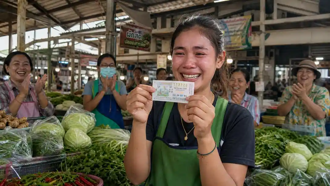 แม่ค้าผักชาวไทยในตลาดกำแพงเพชรยืนถือสลากกินแบ่งรัฐบาลเลข 173770 ด้วยใบหน้าดีใจมีน้ำตาคลอ แผงผักสดและเพื่อนแม่ค้าด้านหลังร่วมยินดี