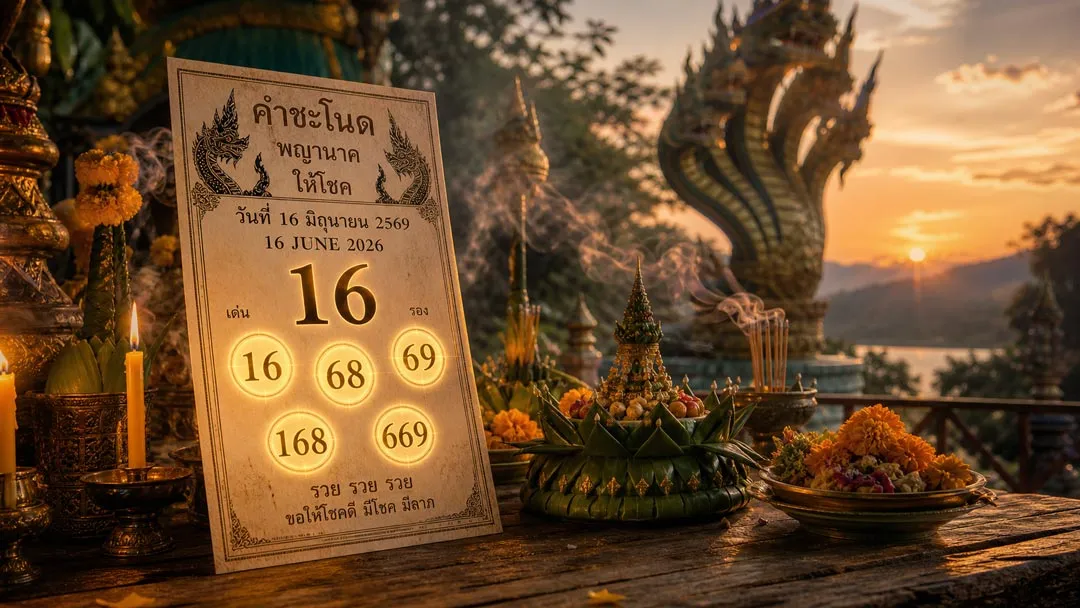 ปฏิทินหวยคำชะโนดวันที่ 16 มิถุนายน 2569 วางบนโต๊ะไม้ในศาลพญานาค ตัวเลขมงคลเรืองแสงท่ามกลางแสงเทียนและควันธูปศักดิ์สิทธิ์
