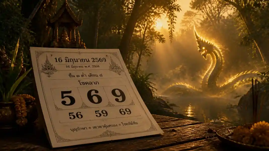 ภาพป่าศักดิ์สิทธิ์คำชะโนดกับพญานาคเรืองแสง และปฏิทินหวยไทยวันที่ 16 มิถุนายน 2569 วางอยู่ด้านหน้า