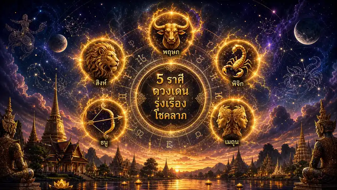 ภาพโหราศาสตร์ mystical แสดงสัญลักษณ์จักรราศีเรืองแสงบนท้องฟ้ายามค่ำคืน มีแสงทองส่อง 5 ราศีเด่น สไตล์ดูดวงไทย บรรยากาศลึกลับน่าเกรงขาม