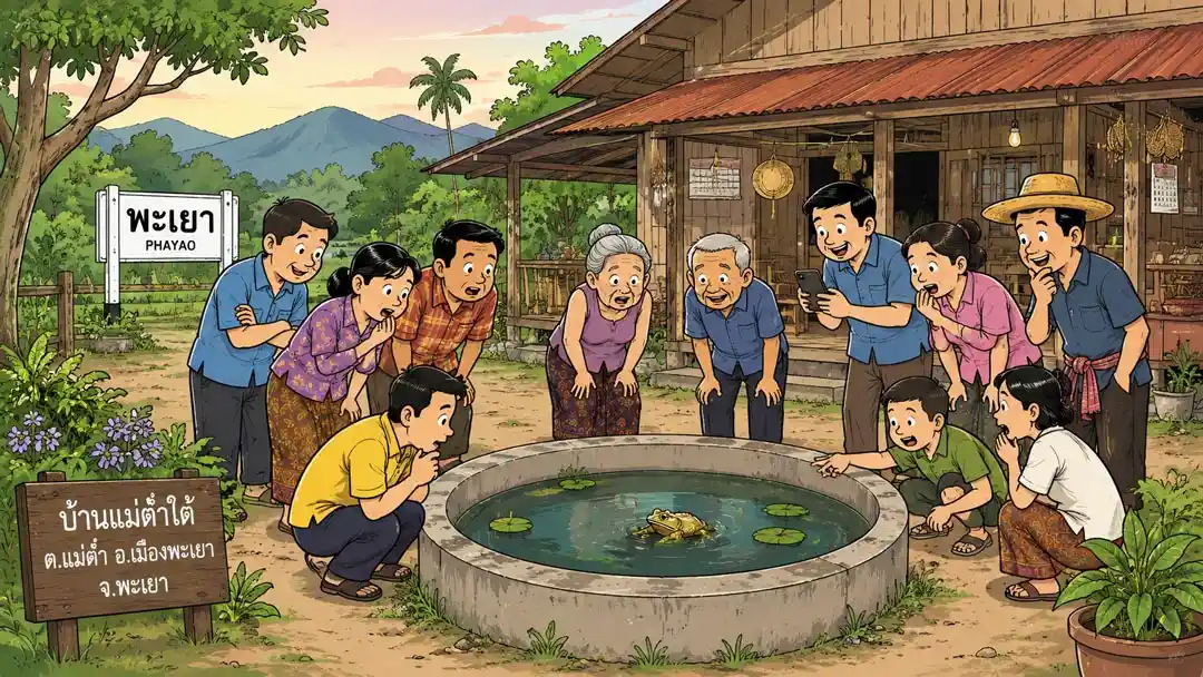 ภาพการ์ตูนสไตล์ข่าวท้องถิ่น แสดงชาวบ้านในจังหวัดพะเยาหลายคนยืนล้อมรอบบ่อปูนทรงกลมหน้าบ้านไม้ชนบท ทุกคนกำลังก้มมองอึ่งอ่างสีทองแปลกตาภายในบ่อด้วยความสนใจ บางคนชี้ดู บางคนใช้โทรศัพท์มือถือถ่ายภาพ บรรยากาศอบอุ่นและเป็นกันเองในช่วงเย็น
