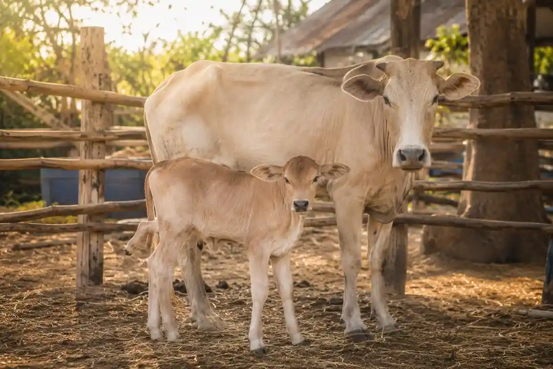 ภาพลูกวัวลูกผสมสีน้ำตาลอ่อนยืนเคียงข้างแม่วัวในคอกไม้ของหมู่บ้านชนบทภาคอีสาน ภายใต้แสงแดดยามบ่าย โดยมีลักษณะพิเศษหายากคล้ายขาเล็กเพิ่มเติมบริเวณด้านหลัง สร้างความสนใจให้กับชาวบ้านและผู้ติดตามข่าวสัตว์แปลก พร้อมบรรยากาศอบอุ่นและเป็นธรรมชาติ