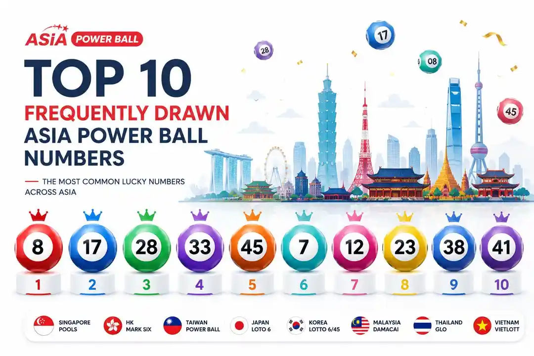 อินโฟกราฟิกสมัยใหม่เกี่ยวกับ Asia Power Ball แสดง 10 อันดับเลขที่ออกบ่อยที่สุดผ่านลูกบอลลอตเตอรี่หลากสี พร้อมฉากหลังเป็นเส้นขอบฟ้าเมืองสำคัญในเอเชียบนพื้นหลังสีขาว สไตล์มินิมอล สดใส และอ่านง่าย