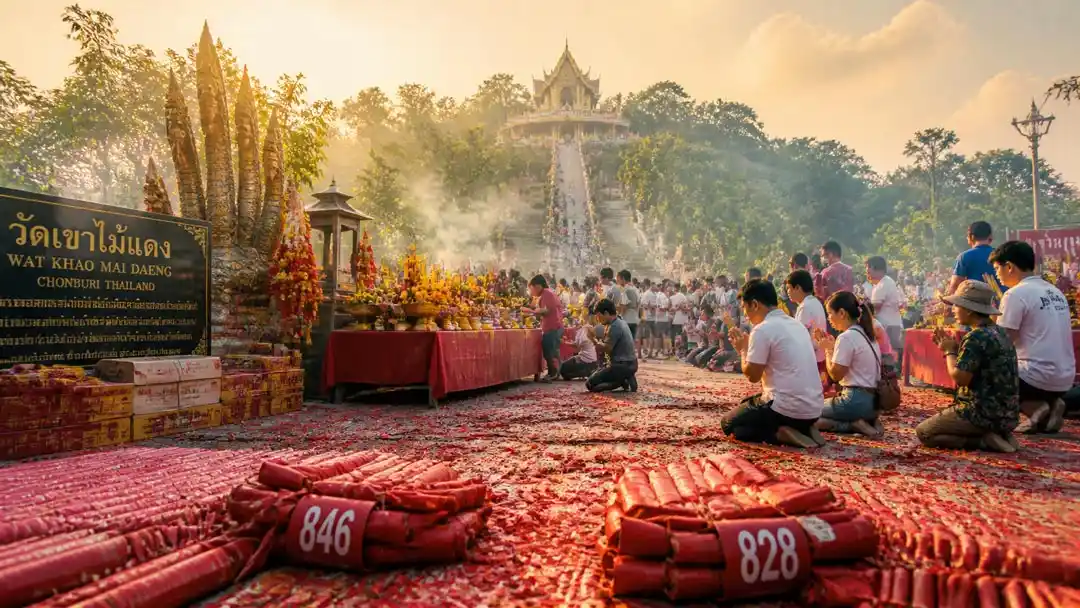 พิธีไหว้ครูบูรพาจารย์ที่วัดเขาไม้แดง ชลบุรี สาธุชนร่วมสวดมนต์และทำบุญ มีหางประทัดสีแดงโชว์เลขเด็ดด้านหน้า